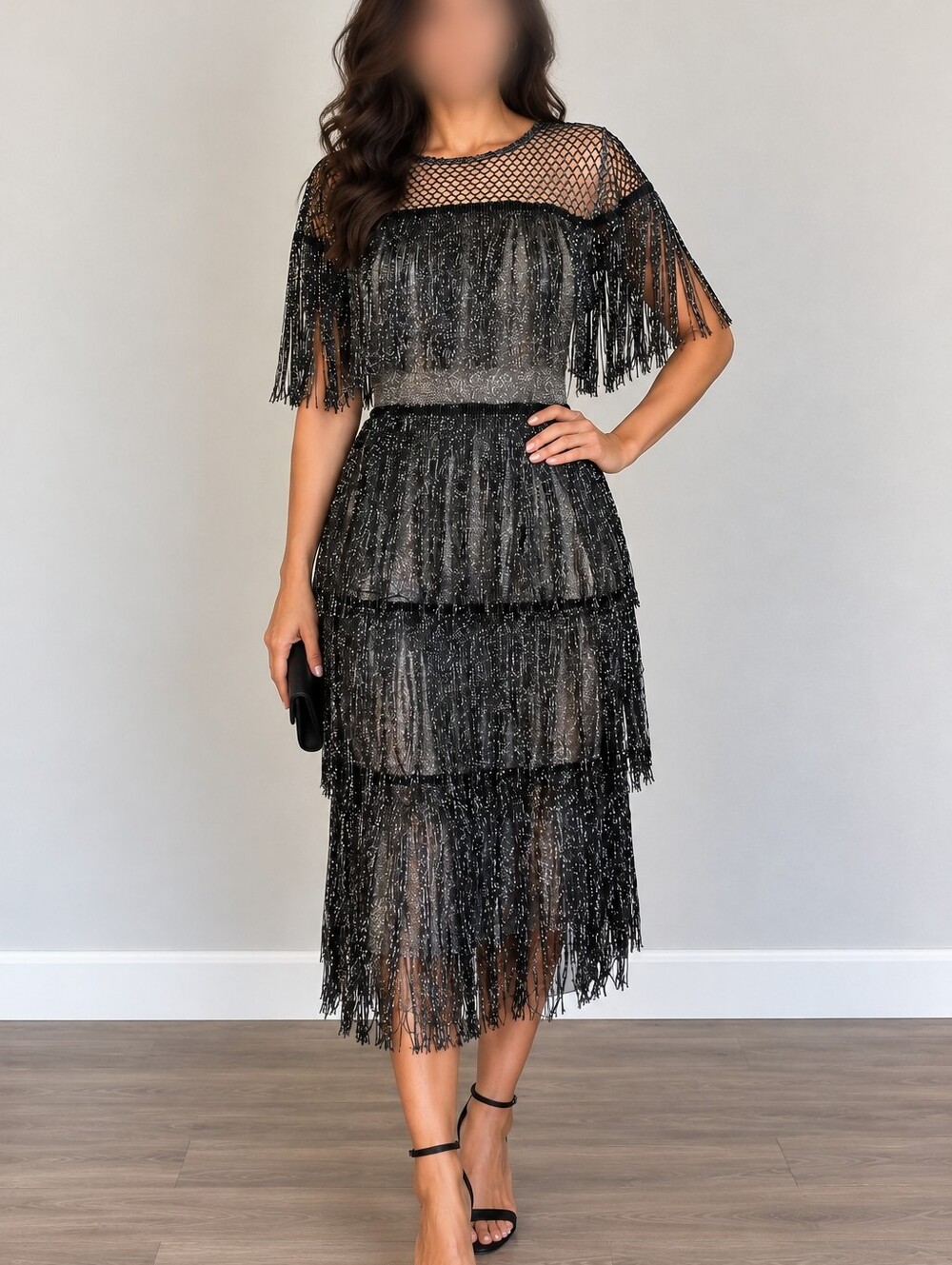 SHEIN Black Silver Metallic Fringe Mesh Midi Dress Size Large Party Cocktail